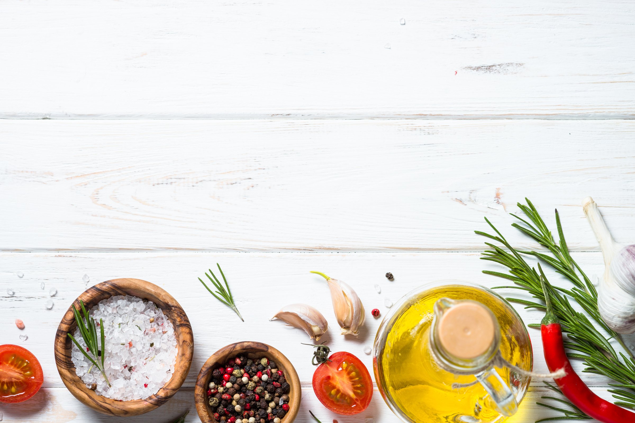 Food Background on White Wooden Table.