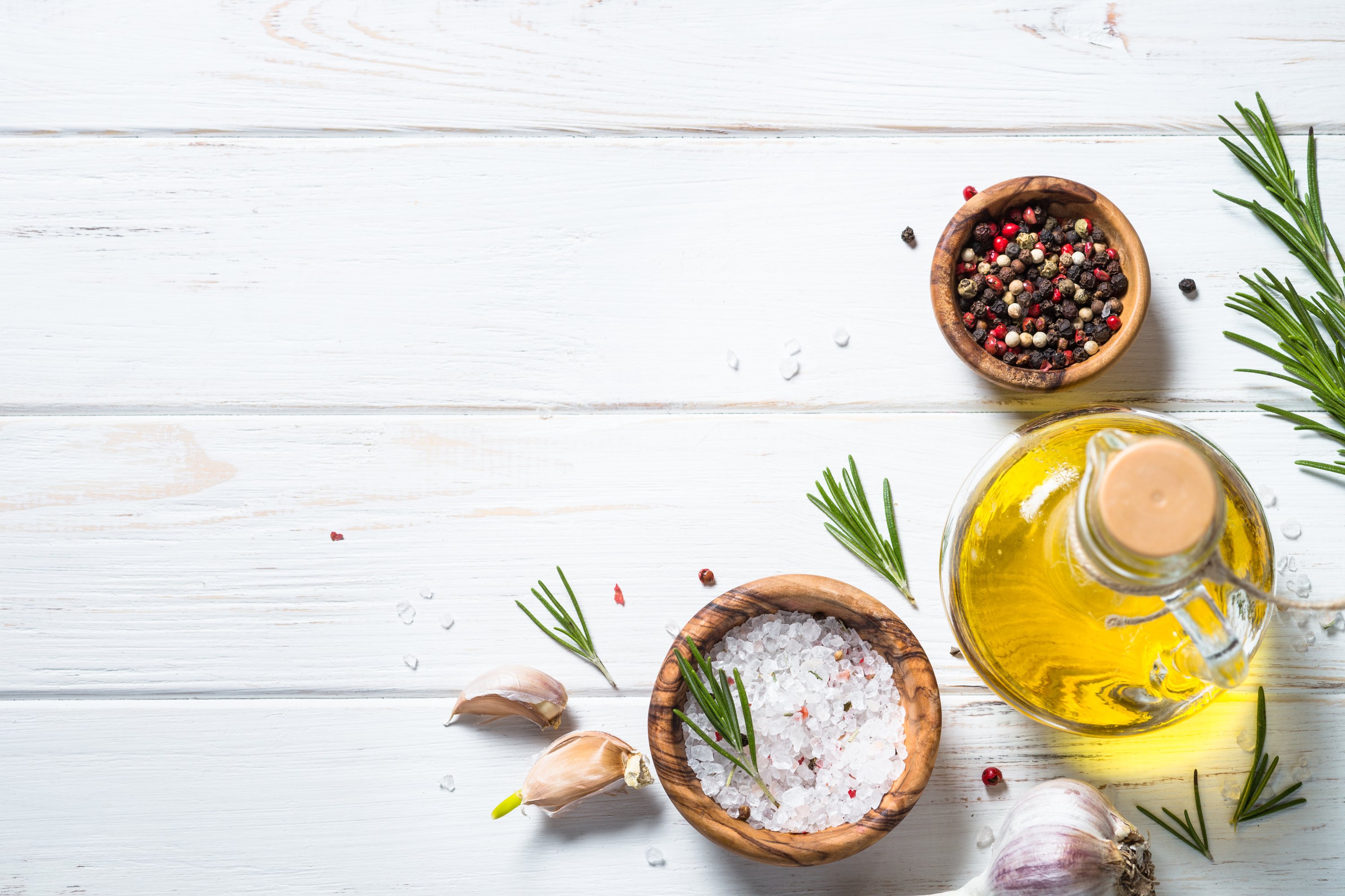 Food Background on White Wooden Table.